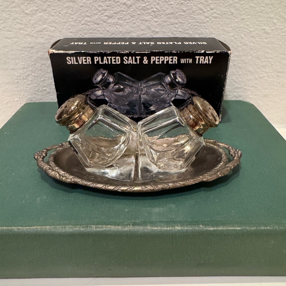 Vintage Silver Plated Salt and Pepper Set with Tray